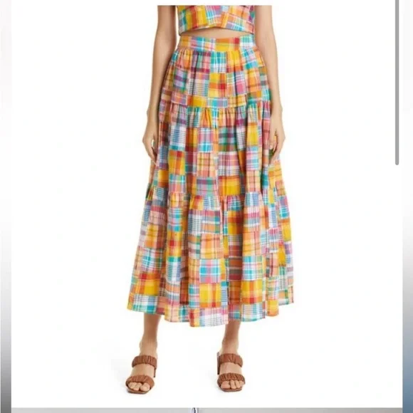 STAUD x Birkenstock NWT Sea Bright Patchwork Plaid cotton midi maxi skirt - Picture 5 of 17